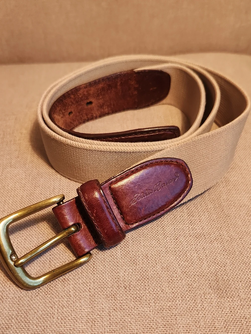 Y2K Eddie Bauer Khaki Canvas Belt with Brown Leather Accents
